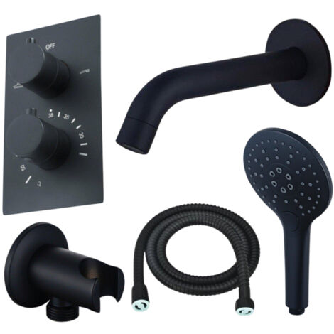 Fortifura Calvi Ensemble de robinet de baignoire - bec - 22cm réductible - flexible métallique - douchette ronde - partie encastrable - support mural
