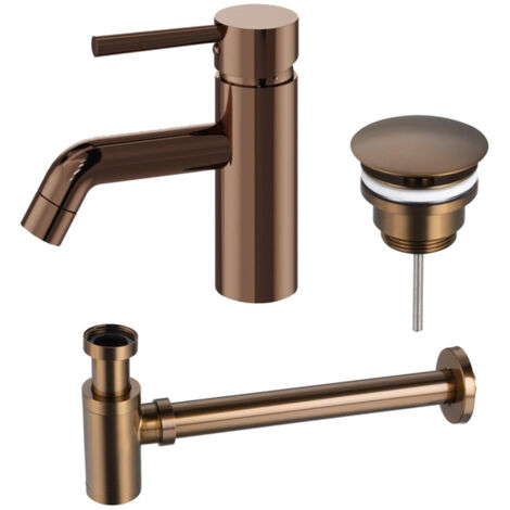Fortifura Calvi Ensemble de robinet lavabo - bas - bonde non-obturable - siphon bas design - Cuivre