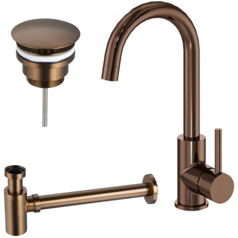 Fortifura Calvi Ensemble de robinet lavabo - rehaussé - bec rotatif - bonde non-obturable - siphon bas design - Cuivre