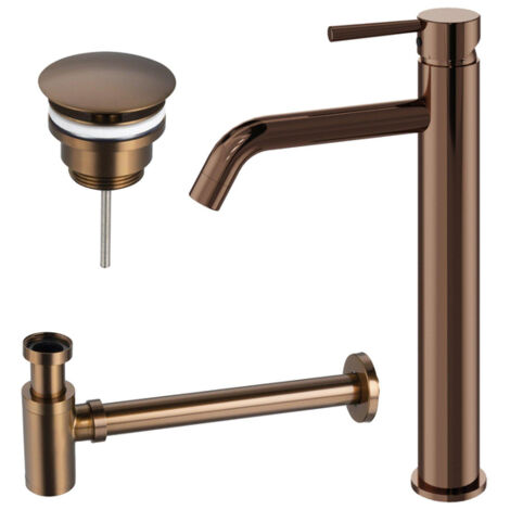 Fortifura Calvi Ensemble de robinet lavabo - rehaussé - bonde non-obturable - siphon bas design - Cuivre