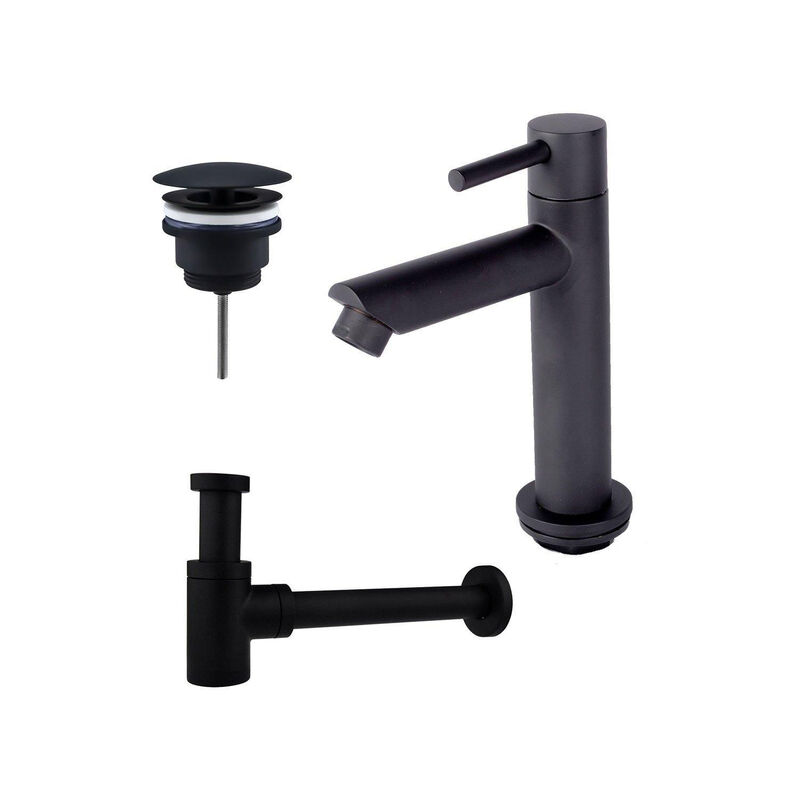 Calvi - Ensemble lave-main avec robinet bas à poser, bonde non obturable et siphon design noir mat - Fortifura