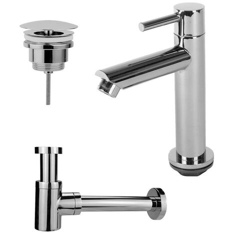 Fortifura Calvi - Ensemble lave-main avec robinet bas à poser, bonde non obturable et siphon design chromé