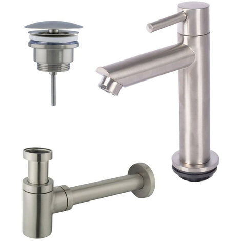 Fortifura Calvi - Ensemble lave-main avec robinet bas à poser, bonde non obturable et siphon design inox brossé pvd