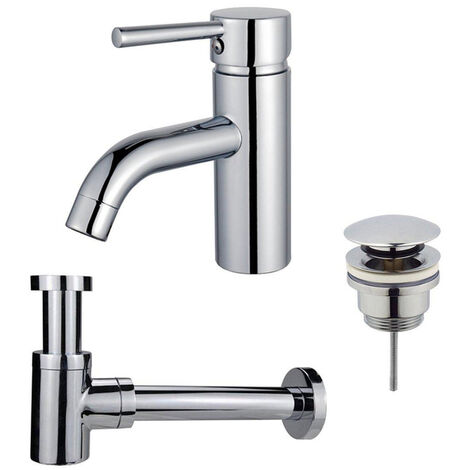 Fortifura Calvi Kit mitigeur lavabo - robinet bas - bonde clic clac - siphon design bas - Chrome brillant