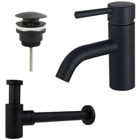 Fortifura Calvi Kit mitigeur lavabo - robinet bas - bonde clic clac - siphon design bas - Noir mat