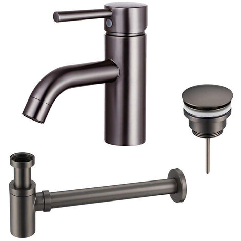 Fortifura Calvi Kit mitigeur lavabo - robinet bas - bonde clic clac - siphon design bas - PVD Gunmetal