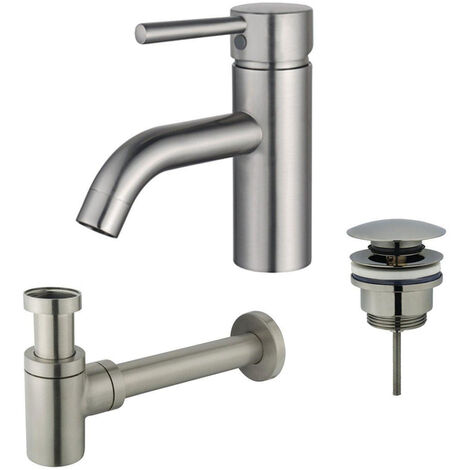 Fortifura Calvi Kit mitigeur lavabo - robinet bas - bonde clic clac - siphon design bas - PVD Inox brossé