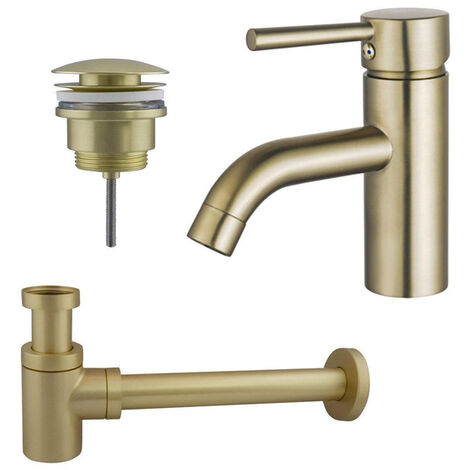 Fortifura Calvi Kit mitigeur lavabo - robinet bas - bonde clic clac - siphon design bas - PVD Laiton brossé