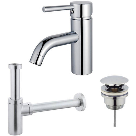 Fortifura Calvi Kit mitigeur lavabo - robinet bas - bonde clic clac - siphon design - Chrome brillant