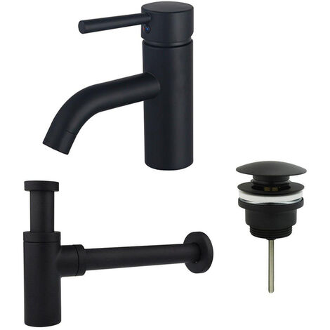 Fortifura Calvi Kit mitigeur lavabo - robinet bas - bonde clic clac - siphon design - Noir mat