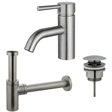Fortifura Calvi Kit mitigeur lavabo - robinet bas - bonde clic clac - siphon design - PVD Inox brossé