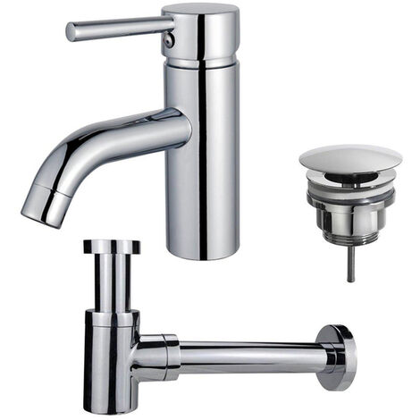 Fortifura Calvi Kit mitigeur lavabo - robinet bas - bonde non-obturable - siphon design bas - Chrome brillant