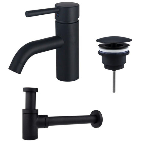 Fortifura Calvi Kit mitigeur lavabo - robinet bas - bonde non-obturable - siphon design bas - Noir mat