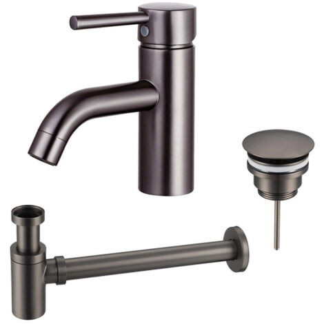 Fortifura Calvi Kit mitigeur lavabo - robinet bas - bonde non-obturable - siphon design bas - PVD Gunmetal