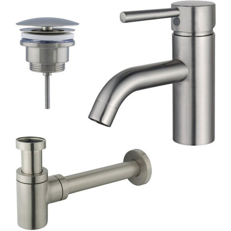 Fortifura Calvi Kit mitigeur lavabo - robinet bas - bonde non-obturable - siphon design bas - PVD Inox brossé