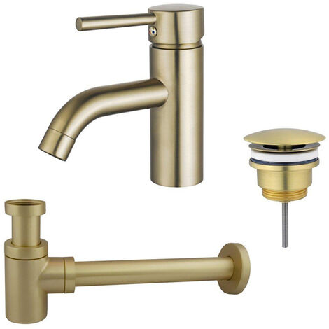Fortifura Calvi Kit mitigeur lavabo - robinet bas - bonde non-obturable - siphon design bas - PVD Laiton brossé