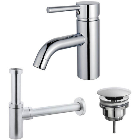 Fortifura Calvi Kit mitigeur lavabo - robinet bas - bonde nonobturable - siphon design - Chrome brillant