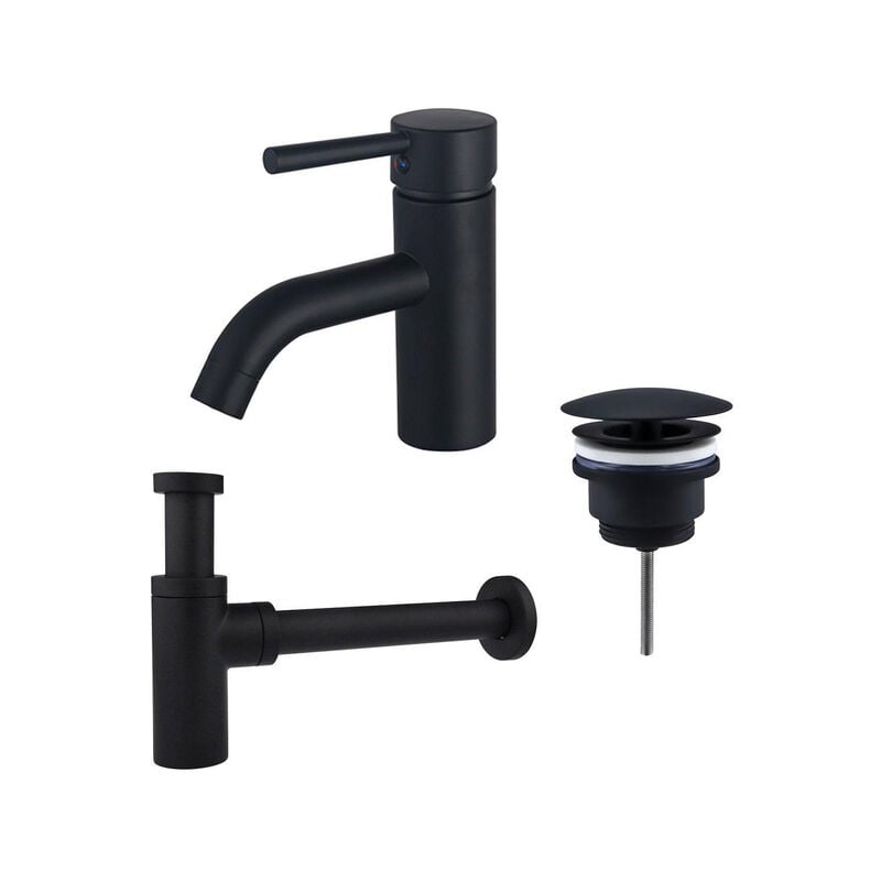 Fortifura - Calvi Kit mitigeur lavabo - robinet bas - bonde nonobturable - siphon design - Noir mat