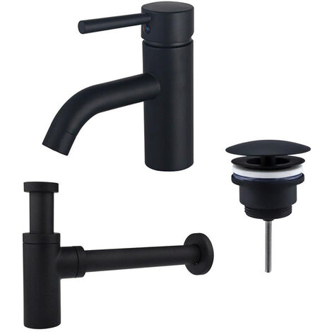 Fortifura Calvi Kit mitigeur lavabo - robinet bas - bonde nonobturable - siphon design - Noir mat