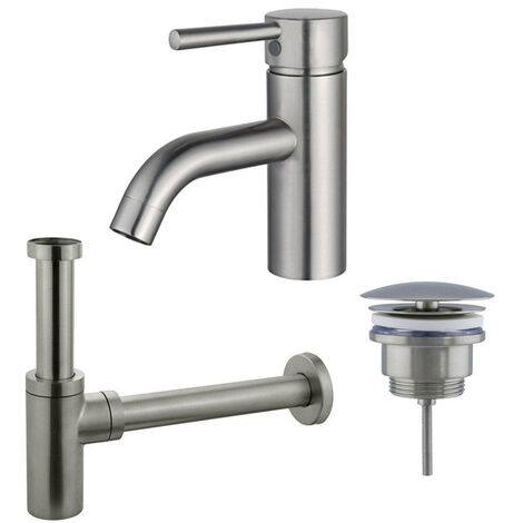 Fortifura Calvi Kit mitigeur lavabo - robinet bas - bonde nonobturable - siphon design - PVD Inox brossé