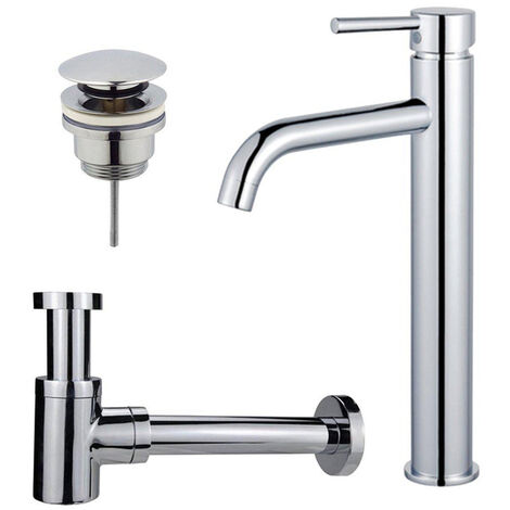 Fortifura Calvi Kit mitigeur lavabo - robinet rehaussé - bonde clic clac - siphon design bas - Chrome brillant