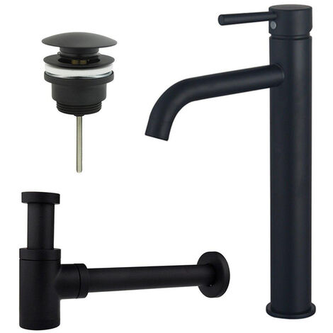 Fortifura Calvi Kit mitigeur lavabo - robinet rehaussé - bonde clic clac - siphon design bas - Noir mat