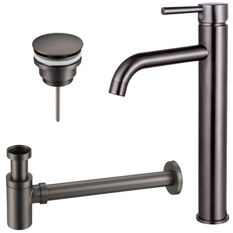Fortifura Calvi Kit mitigeur lavabo - robinet rehaussé - bonde clic clac - siphon design bas - PVD Gunmetal