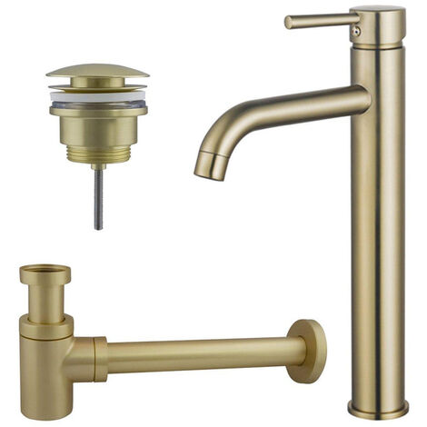 Fortifura Calvi Kit mitigeur lavabo - robinet rehaussé - bonde clic clac - siphon design bas - PVD Laiton brossé