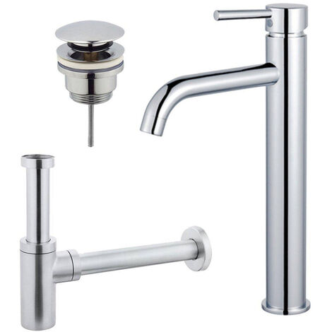 Fortifura Calvi Kit mitigeur lavabo - robinet rehaussé - bonde clic clac - siphon design - Chrome brillant
