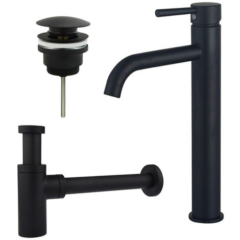 Fortifura Calvi Kit mitigeur lavabo - robinet rehaussé - bonde clic clac - siphon design - Noir mat