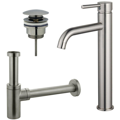 Fortifura Calvi Kit mitigeur lavabo - robinet rehaussé - bonde clic clac - siphon design - PVD Inox brossé