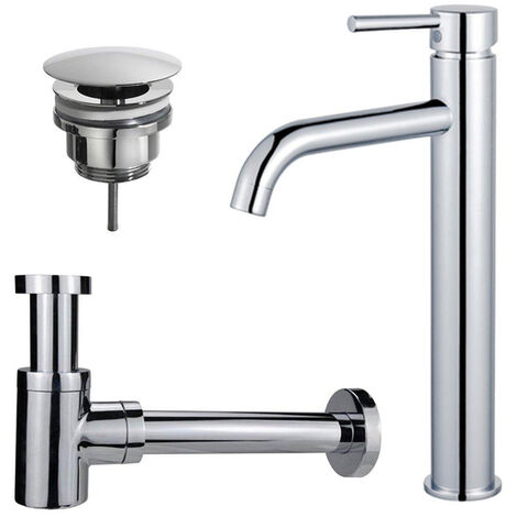 Fortifura Calvi Kit mitigeur lavabo - robinet rehaussé - bonde non-obturable - siphon design bas - Chrome brillant