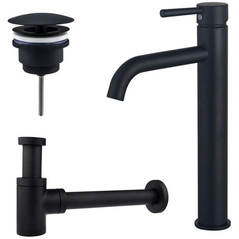 Fortifura Calvi Kit mitigeur lavabo - robinet rehaussé - bonde non-obturable - siphon design bas - Noir mat