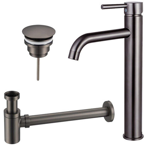 Fortifura Calvi Kit mitigeur lavabo - robinet rehaussé - bonde non-obturable - siphon design bas - PVD Gunmetal