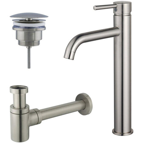 Fortifura Calvi Kit mitigeur lavabo - robinet rehaussé - bonde non-obturable - siphon design bas - PVD Inox brossé