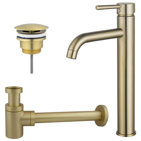 Fortifura Calvi Kit mitigeur lavabo - robinet rehaussé - bonde non-obturable - siphon design bas - PVD Laiton brossé