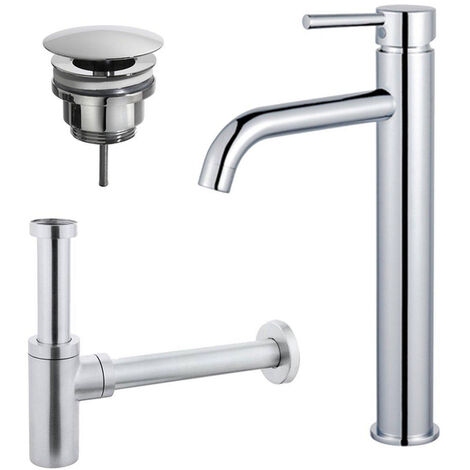 Fortifura Calvi Kit mitigeur lavabo - robinet rehaussé - bonde nonobturable - siphon design - Chrome brillant