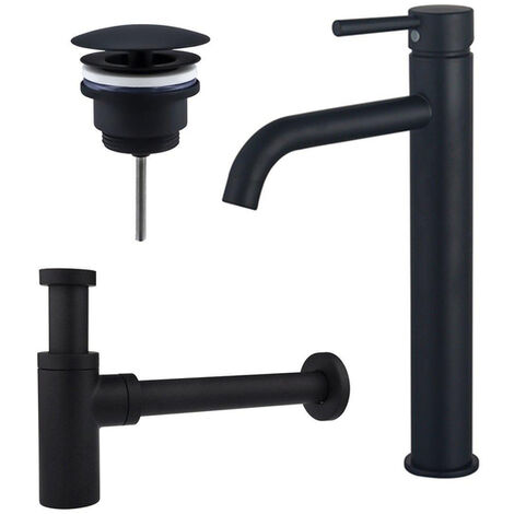 Fortifura Calvi Kit mitigeur lavabo - robinet rehaussé - bonde nonobturable - siphon design - Noir mat