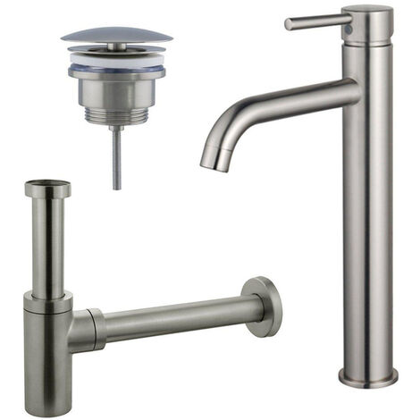 Fortifura Calvi Kit mitigeur lavabo - robinet rehaussé - bonde nonobturable - siphon design - PVD Inox brossé