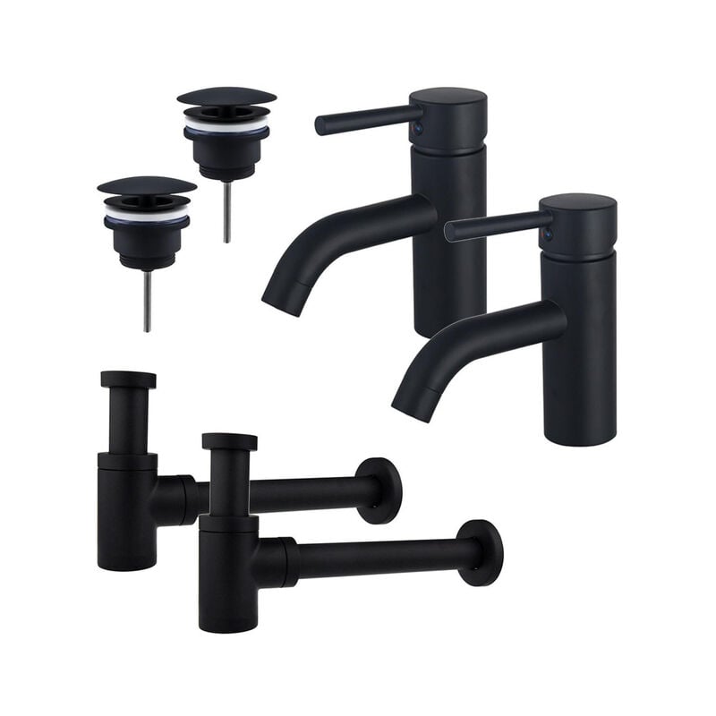 Calvi Kit robinet lavabo - pour double vasque - robinet bas - bonde non-obturable - siphon design bas - Noir mat - Fortifura