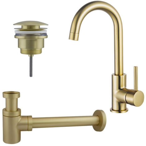 Fortifura Calvi Kit robinet lavabo - robinet haut - bec rotatif - bonde clic clac - siphon design bas - Laiton brossé PVD