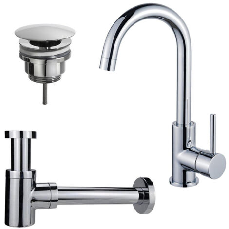 Fortifura Calvi Kit robinet lavabo - robinet haut - bec rotatif - bonde non-obturable - siphon design bas - Chrome brillant