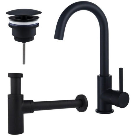 Fortifura Calvi Kit robinet lavabo - robinet haut - bec rotatif - bonde non-obturable - siphon design - Noir mat