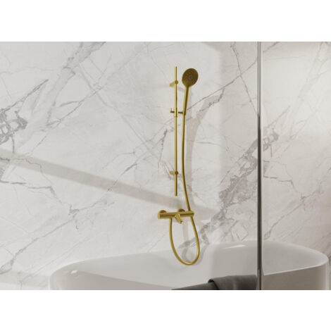 Fortifura Calvi Mitigeur baignoire - avec barre curseur - douchette ronde - flexible lisse - Laiton Brossé PVD (Doré)