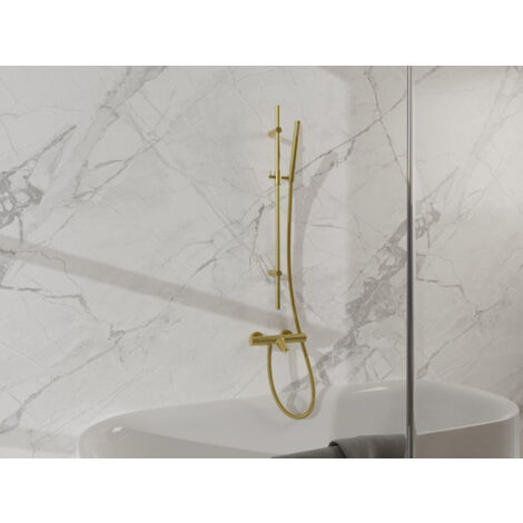 Fortifura Calvi Mitigeur baignoire - avec barre curseur - douchette stick - flexible en métal - Laiton brossé PVD