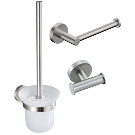 Fortifura Calvi Pack WC 3 pièces - porte-rouleau sans couvercle - brosse de toilette - crochet à serviette double rond - Inox brossé PVD (inox)