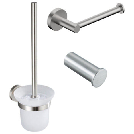 Fortifura Calvi Pack WC 3 pièces - porte-rouleau sans couvercle - brosse de toilette - crochet à serviette simple rond - Inox brossé PVD (inox)