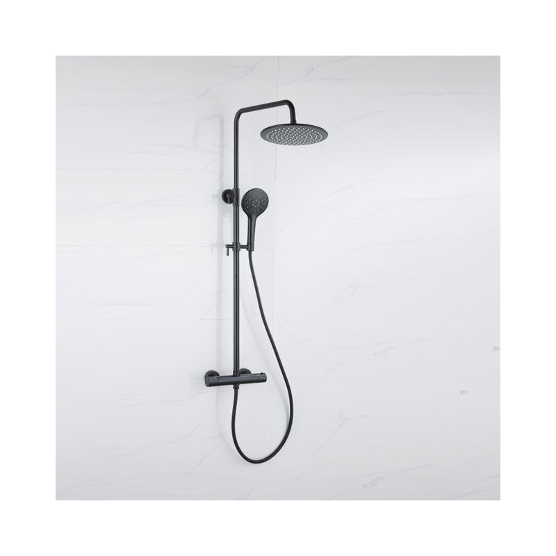 Calvi Ensemble de douche pluie - thermostatique - douche principale de 25 cm - flexible lisse - douchette ronde - noir mat - Fortifura