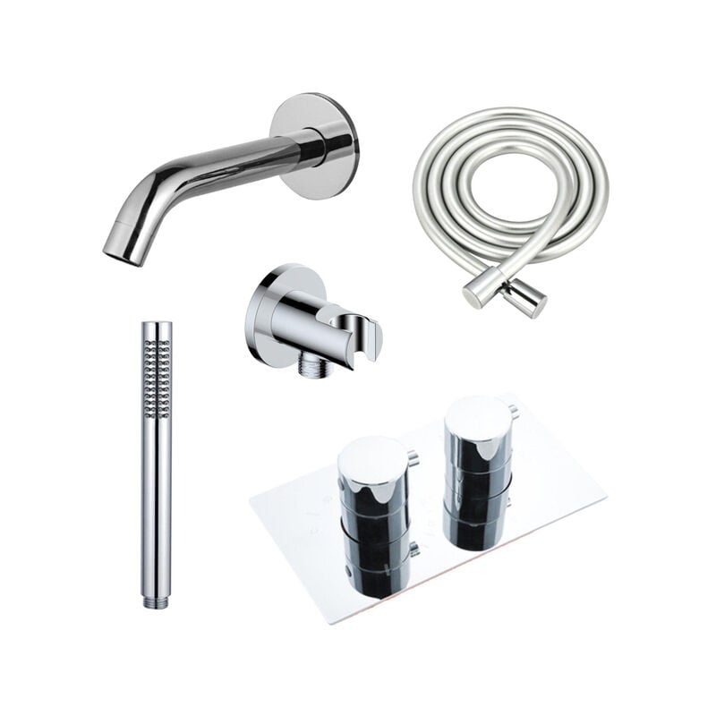 Calvi Robinet de baignoire - bec 22cm à raccourcir - flexible - douchette stick - partie encastrable - support mural - chrome - Fortifura