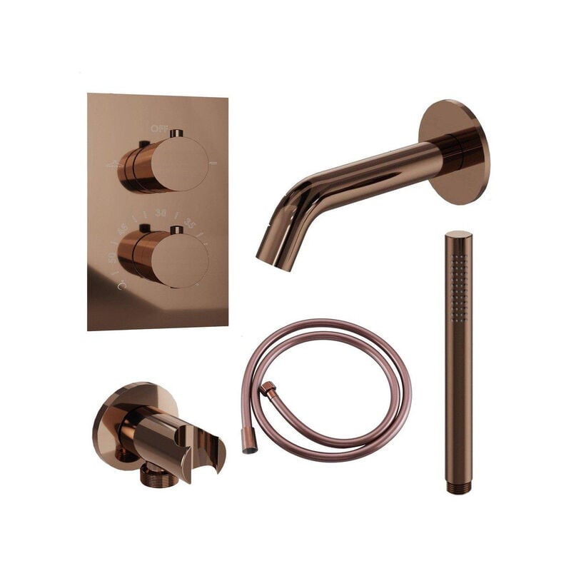 Calvi Robinet de baignoire - bec 22cm à raccourcir - flexible - douchette stick - partie encastrable - support mural - Cuivre brossé - Fortifura